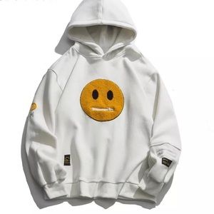 Smiley face hoodie sweater white zipper pocket sweatshirt mens streetwear